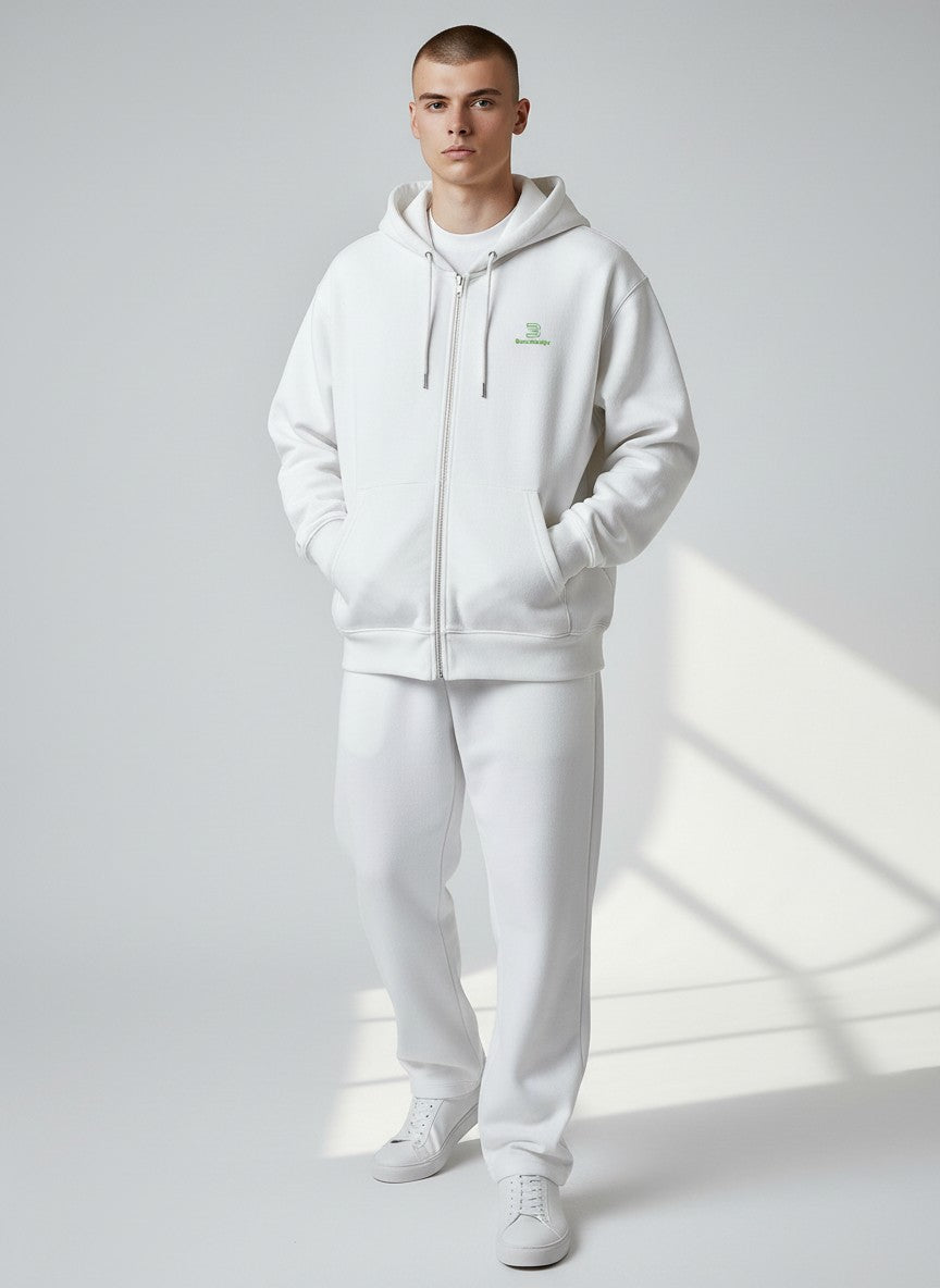BeachBodyz® white zip-up hoodie with embroidered logo and front pockets, made from a cotton blend.
