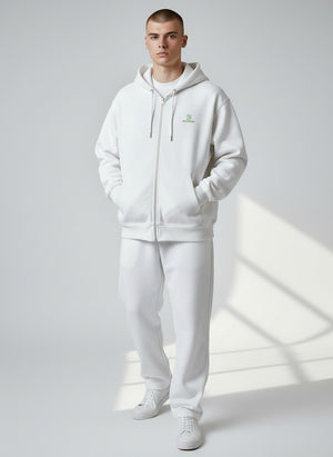 BeachBodyz® white zip-up hoodie with embroidered logo and front pockets, made from a cotton blend.